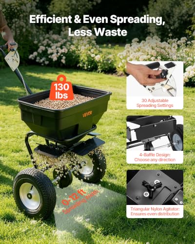 Image of VEVOR Broadcast Spreader 130 lbs Capacity Hopper Walk-Behind Push Spreader | for Lawn & Garden Care, 12 ft Spreading Width, 13 inch All-Terrain Tires, Adjustable Flow Control for Fertilizer Seed Ice Melt | For Lawn & Garden Care, 12 ft Spreading Width, 13 inch All-Terrain Tires, Adjustable Flow Control for Fertilizer Seed Ice Melt