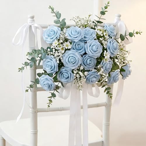 Image of 100Pcs Realistic Sky Blue Artificial Rose Flower Heads, Fake Sky Blue Foam Roses for DIY Wedding Decorations Baby Shower Centerpieces Home Party Valentine's Day Mother's Day Decor