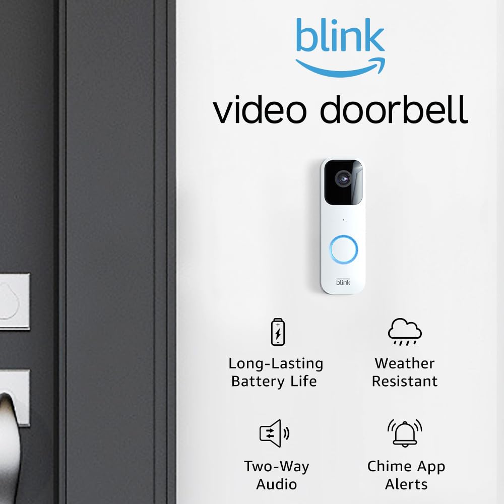 BlinkVideo Doorbell + Sync Module 2 + Blink Mini (White) | Two-way audio, HD video, long-lasting battery life, motion detection, chime app alerts, Works with Alexa (White)