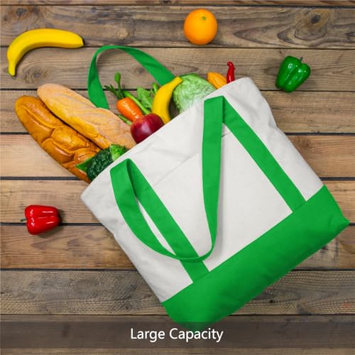 Image of TOPDesign 1-Pack Canvas Tote Bag with an External Pocket, Reusable Grocery Shopping Bag, Top Zipper Closure, Daily Essentials (Lime Green /Natural)