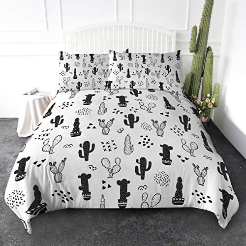 ARIGHTEX Cactus Bedding Full Size Black and White Cacti Print Duvet Cover 3 Piece Abstract Plants Comforter Set for Teen Girls Stylish Women