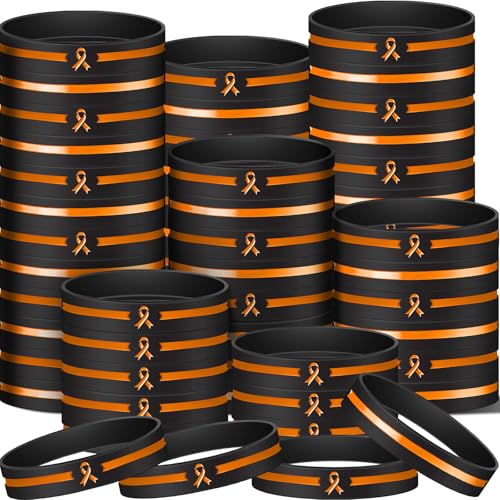 Hiboom 100 Pieces Orange Ribbon Silicone Bracelet Leukemia Kidney Cancer Multiple Sclerosis Awareness Rubber Wristband for Women Men Cancer Survivor Public Charity Fundraiser Gifts