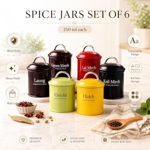 Image of MARKET 99 Metal Spice Jars Set of 6 (250 ml Each) - Multicolor Glossy Round Typographic Design Spice Storage Containers with Lid for Kitchen Storage, Spice Box & Organizer
