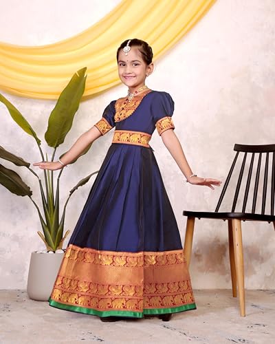 Image of Girls Silk Pattu Gown for Kids Traditional South Indian Long Ethnic Dress | Baby Girl Festival Pavadai Sattai Style Party Wedding Birthday Special Occasion Outfit