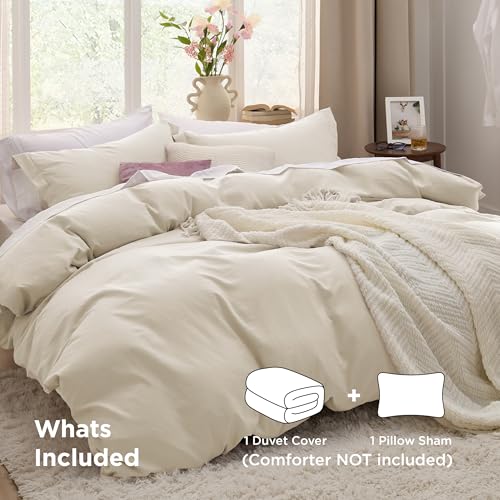 Image of Bedsure Oat Milk Duvet Cover Twin /Twin XL Size - 2 Pieces Prewashed Cotton-Like Polyester Extra Soft Bedding Set, Includes 1 Twin Duvet Cover 68x90 In with Zipper Closure & 1 Pillow Sham, No Comforter