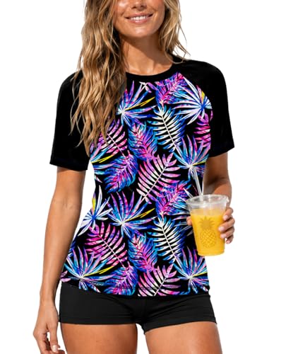 Image of AOBUTE Women Short Sleeve Rash Guard UPF 50+ Tropical Sun Protection Floral Swim Shirts