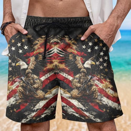 Veteran Men's Swim Trunks - Soldier Lover Mens Swim Trunks with Mesh Lining Swimwear Bathing Suits Set 083
