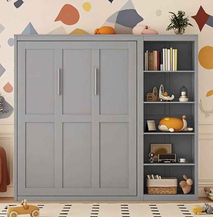 Tdewlye Queen Size Murphy Bed Wall Bed with Storage Shelves, Foldable Platform Bed Frame, Space-Saving Design for Guest Room, Home, Office, Small Room