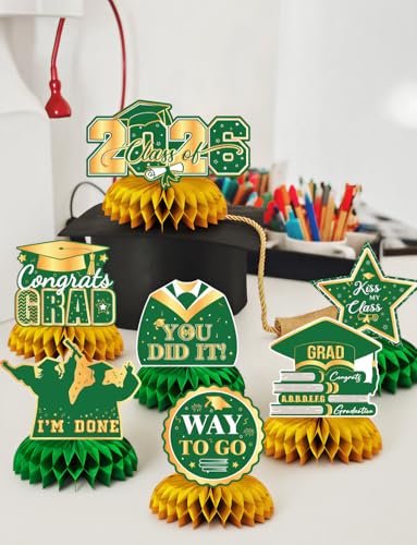 Image of Graduation Table Decorations Class of 2026, 9Pcs Graduation Centerpieces for Tables Green Gold Honeycomb Centerpiece Congrats Grad Table Toppers Congratulate Decorations for Grad Party Supplies