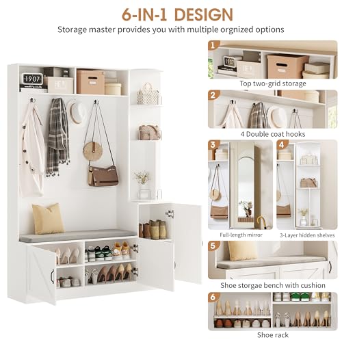 Fameill 79" Hall Tree with Bench and Shoe Storage, Tall Coat Rack with Mirror and Hidden Storage Shelves, Entryway Shoe Organizer with Cushion for Mudroom, 6 Shoe Cubbies & 4 Double Coat Hooks, White - Image 6