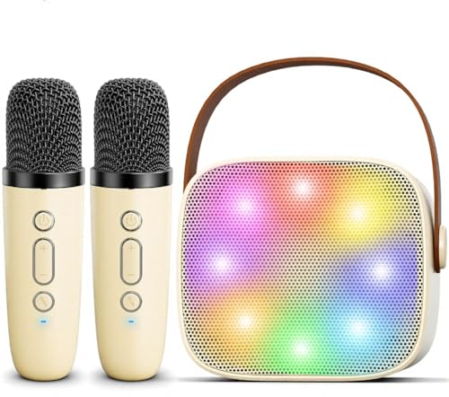 Mini máquina de karaokê para crianças e adultos, altifalante portátil de karaoke com Bluetooth e 2 microfones sem fios para meninas e meninos dos 3 aos 11 anos e mais de 12 anos
