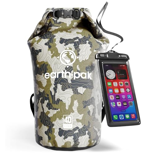 Earth Pak Bolsa Seca Impermeable de Serie Torrent para Kayak, canotaje, Senderismo, Camping y Pesca con Estuche para teléfono a Prueba de Agua (Camuflaje, 40L)