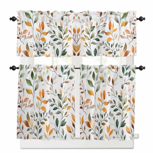 Orange Green Eucalyptus Leaf Kitchen Curtains 24 Inch Length,3 Piece Rod Pocket Small Half Tiers and Valance Set,Spring Summer Watercolor Plant Small Large Window Treatment Decor for Bedroom/Bathroom