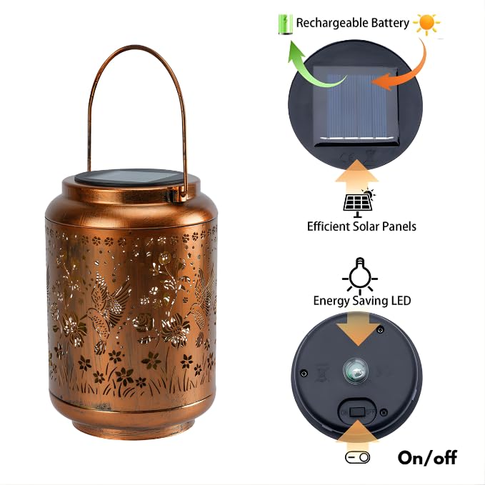 Image of Solar Hanging Lantern Outdoor Waterproof, Metal Jar Light with Hummingbird Floral Cut Design, Warm LED Decorative Garden Light for Balcony, Patio, Yard & Home Decor (4)