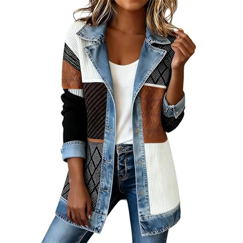 RUITOTP Jeans Jacken Für Damen Patchwork Knit Blazer Jeansjacke Große Größen Jeans Oberteile Maßgeschneiderter Stretch Trucker Jacke Vintage Classic Freizeitjakce Oberbekleidung
