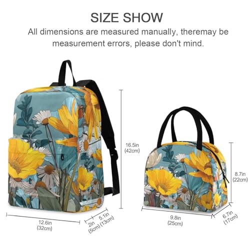 Backpack Lunch Box Set Large Capacity Travel Backpacks and Insulated Lunch Bag for Commute Hiking Picnic Bold Line Flowers Print2