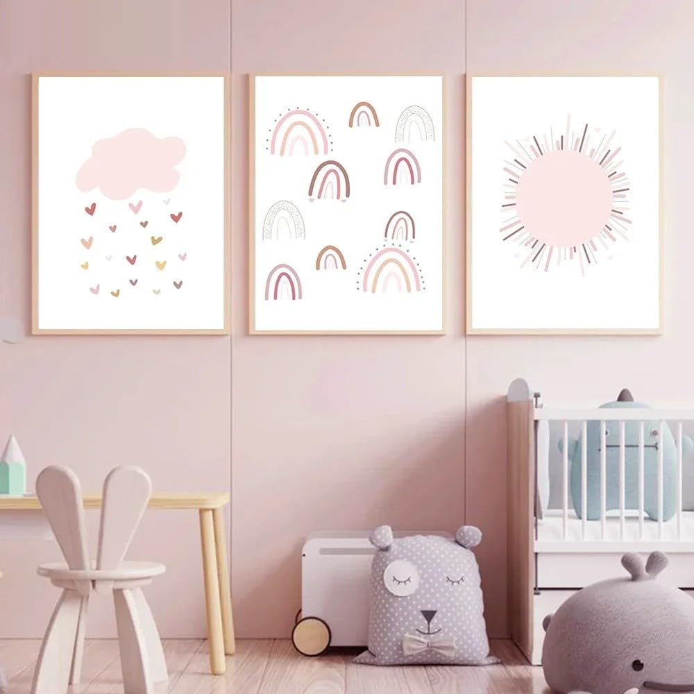 SOBMQ Poster-Abstract Rainbow Canvas Painting Pink Print Pictures Sun Cloud Wall Art Heart Art Prints Nordic Nursery Posters Baby Girls Bedroom Decor-50 * 70cm-3PCS (No Frame)