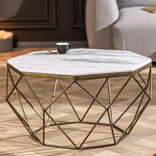 LEBENSwohnART Exklusiver Couchtisch BIJOUX ca.70cm Weiss Messing Marmor Wohnzimmertisch