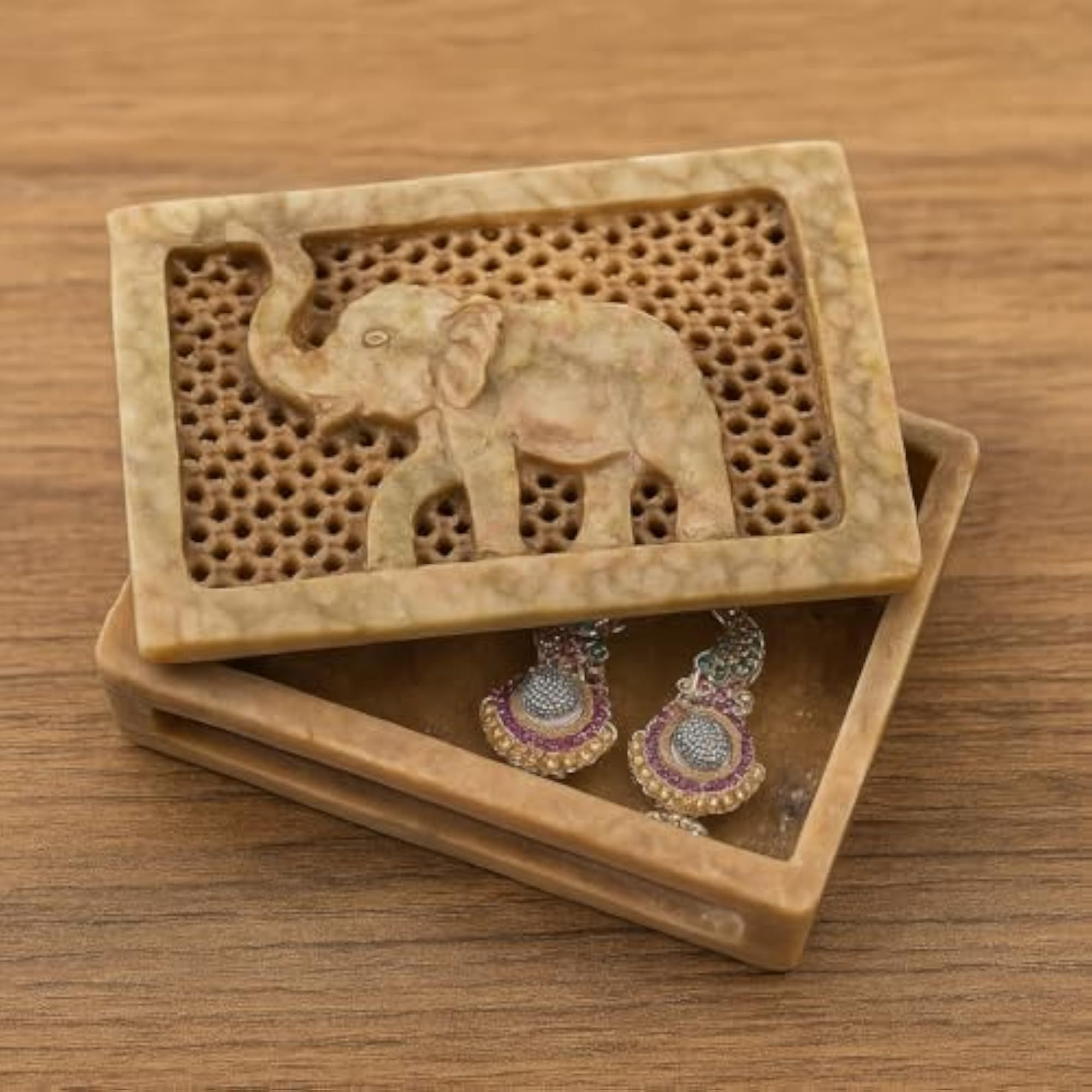 Handcrafted Marble Jewellery Box with Intricate Carving