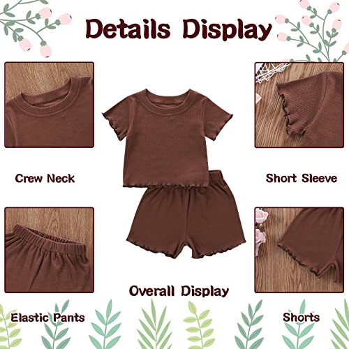 Image of Toddler Girl Clothes Summer Outfit Short Sleeve Shorts Set 12M-5T | Soft ribbed knit toddler girl outfit with breathable fabric, ruffle top, comfy shorts and stretchy fit for summer daily wear.