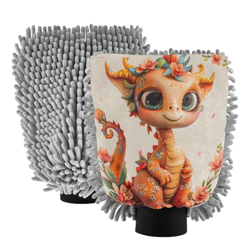 ALAZA Cute Dragon Cherry Blossom Car Wash Mitt Scratch Free, 2 Pack Absorbent Microfiber/Chenille Washing & Drying Mitts, L