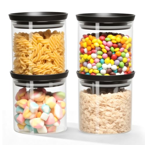 AiQInu Bocaux de conservation avec couvercle, 4x 600ml Bocaux à épices, récipients en verre avec couvercle, lot de 4 bocaux ronds Boîte de conservation...