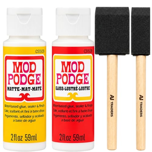Mod Podge Water Based Craft Glue & Sealer Bundle Modge Podge Matte & Gloss 2 fl oz 59 ml with Foam Brushes for Decoupage Puzzles Paper Fabric & DIY Crafts Quick Drying Decoupage kit.