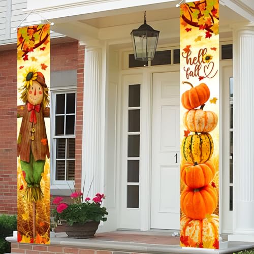 Hello Fall Porch Decor Autumn Harvest Porch Banner Sign Thanksgiving Scarecrow Pumpkin...