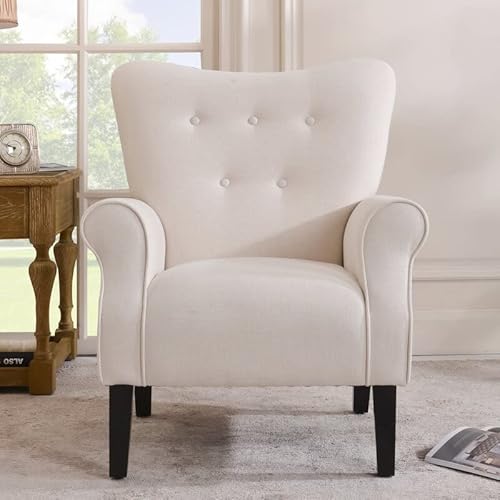 Mid Century Modern Accent Chair Armchair Reading Chair For Living Room Bedroom, High Back Arm Chair Comfy Chair For Adults, Upholstered Fabric Button Single Sofa Club Chair With Wooden Legs (Beige) #TOP2