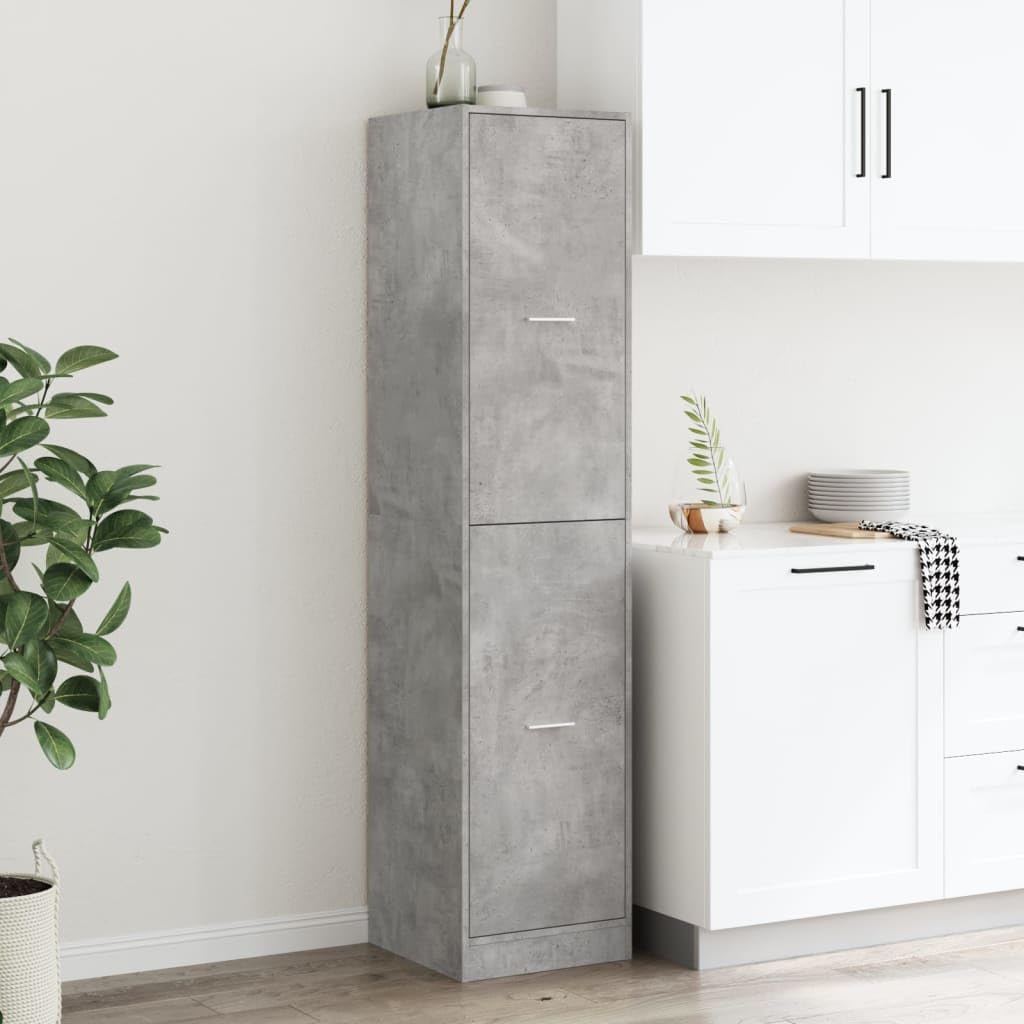 Engineered Wood Pantry Cabinet with 4 Drawers, Concrete Gray | Measures 15.7x16.1x68.7 inches, providing slim vertical storage for kitchens, living rooms, and home offices.