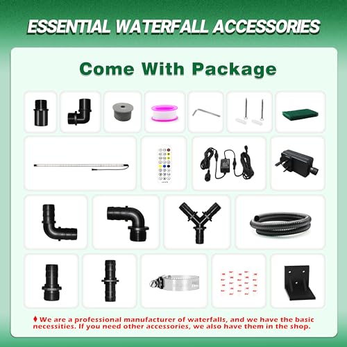 Longrun 60cm Teich Wasserfall Set, 304 Edelstahl Pool Wasserfall Brunnen mit RGB Bluetooth LED und Fernbedienung, Breite 15cm