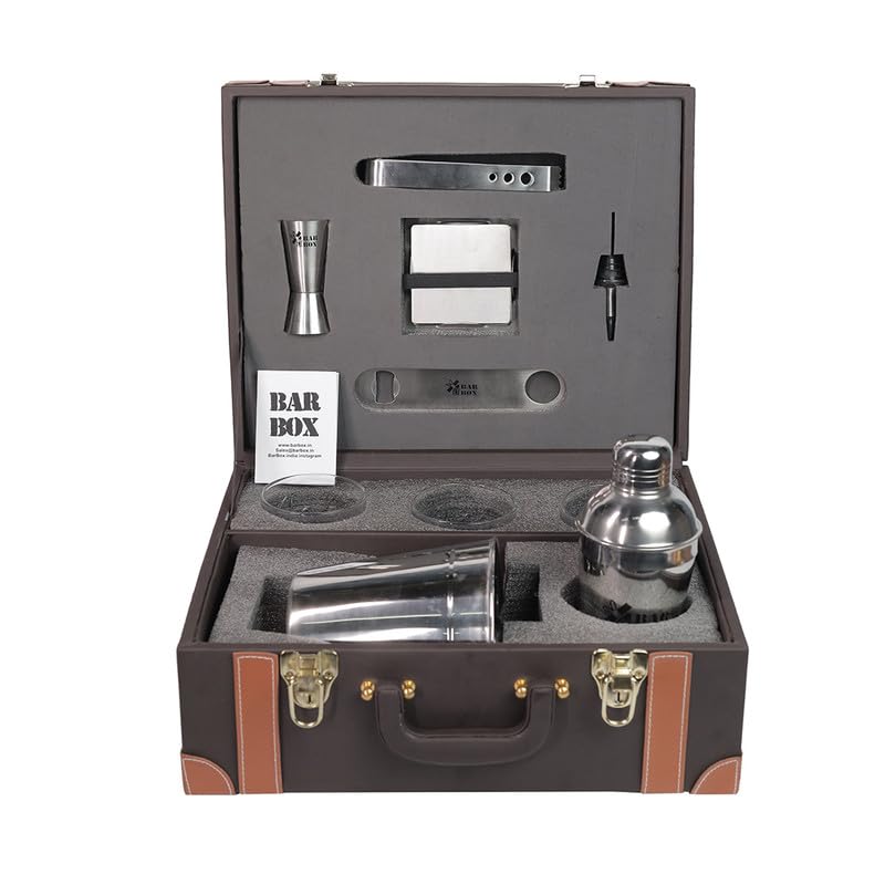 Image of Bar Box Portable Bar Set with 3 Whiskey Glasses, Cocktail Shaker Set, and Bar Tools - Brown Leatherette Bar Kit with Stainless Steel Accessories for Home - Perfect Bar Setup & Decor