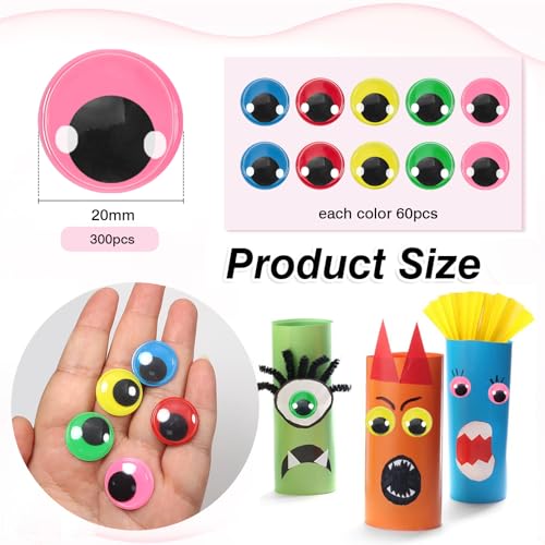 Image of TOAOB 300pcs 20mm Googly Wiggle Eyes Red Dark Green Blue Pink Yellow | with Self Adhesive, Round, Plastic, Wobbly Craft Sticker Eyes, DIY Arts Accessories