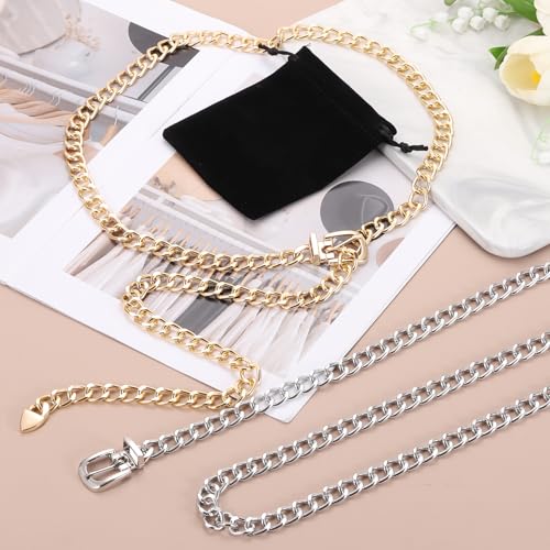 MECCANIXITY Women Waist Chain Belts, 47.2 Inch Length Adjustable Women's Western Belt for Women with Black Drawstring Bag, Gold3