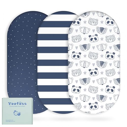 Image of Yoofoss Bassinet Sheets for Baby,3-Pack Fitted Bassinet Sheets Set Compatible with Halo Bassinest Swivel Sleeper,Baby Delight,Angelbliss,Soft Breathable Bassinet Mattress Sheets(Stripes + Panda)