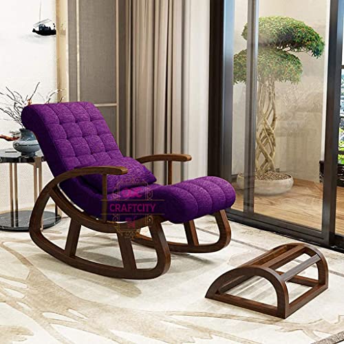 Image of CRAFTCITY Sheesham Wood Elegant Chair with Pillow and Matching Foot Stool /Living Room Chair /Rose Wood Rocking Chair,Pre-Assembled (Purple 1, Rocking Chair with Ottoman)