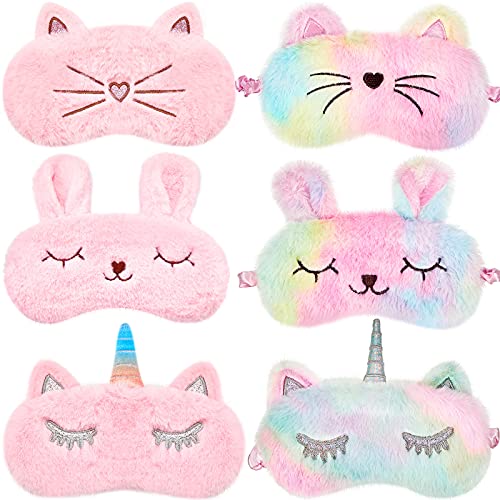 6 Pieces Plush Sleep Eye Mask Bunny Unicorn Eye Mask Cat Sleep Eye Mask Cute Animal Eye Mask Soft Faux Fur Eye Mask for Kids Girls and Adult Travel, 6 Styles