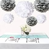 Saitec ® 12PCS Mixed Sizes White & Silver Tissue Paper Pom Poms Pompoms Wedding Birthday Party Decor