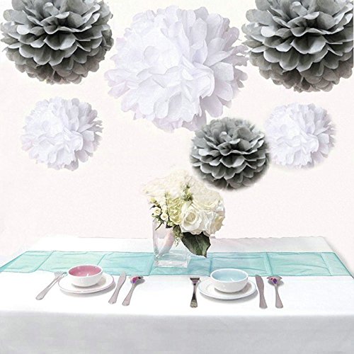 Saitec ® 12Pcs Mixed Sizes White & Silver Tissue Paper Pom Poms Pompoms Wedding Birthday Party Decoration Holiday Supplies #TOP3