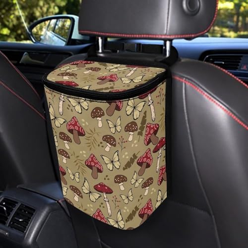 Image of Talayituse Mushroom Butterfly Print Car Trash Can with Lid, Leak Proof Auto Trash Bag Hanging Vehicle Garbage Can Multipurpose Storage Container for Back Seat Road Trip