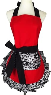 Violet Mist Lovely Retro Kitchen Aprons Women Girl Red Black Lace Apron Ladies Cute Lacy Vintage Aprons for Christmas Halloween 1950s French Maid Cooking Apron Adjustable Waist Mother's Day