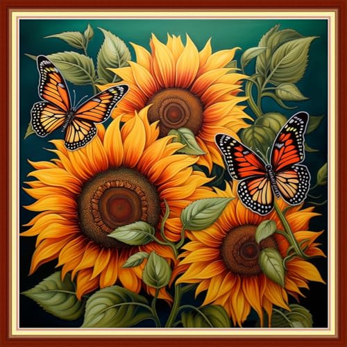 Image of Joyhoor Stamped Cross Stitch Kits for Beginners, Needlepoint Kits for Adults, 11CT Counted Embroidery Kits-Magic Sunflower 18x18 inchs