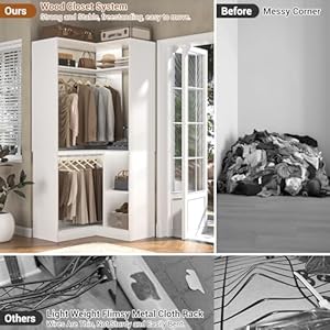 Aheaplus Corner Closet System with Shelves, 34’’ Closet Organizer System with Hanging Rods, Wood Walk-in Closets for Corner Small Space,Freestanding Corner Tower, L Shaped Garment Rack, White Aheaplus Corner Closet System with Shelves 34 Closet Organizer System with Hanging Rods Wood Walk in Closets for Corner Small SpaceFreestanding Corner Tower L Shaped Garment Rack White