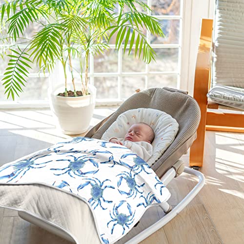Image of Swaddle Blanket Blue Crabs Cotton for Infants - Receiving, Lightweight Soft Swaddling for Crib, Stroller, Nursery - Ocean Theme, 30x40 in
