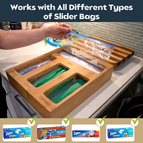 Bamboo Ziplock Bag Organizer For Drawer With Larger Quarts Slots, Easy To Use Ziploc Bag Organizer, Ziplock Bag Storage Organizer And Baggie Organizer Compatible With Gallon, Quart, Sandwich, Snack #TOP2