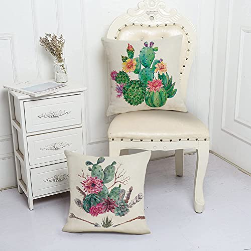 Qiqiany Set Of 4 Tropical Plants Cactus Decorative Throw Pillow Covers 18X18 Inch Square Linen Fabric Modern Farmhouse Decor Succulent Cactus Cushion Pillow Case For Sofa Bed Car Chair Living Room #TOP2
