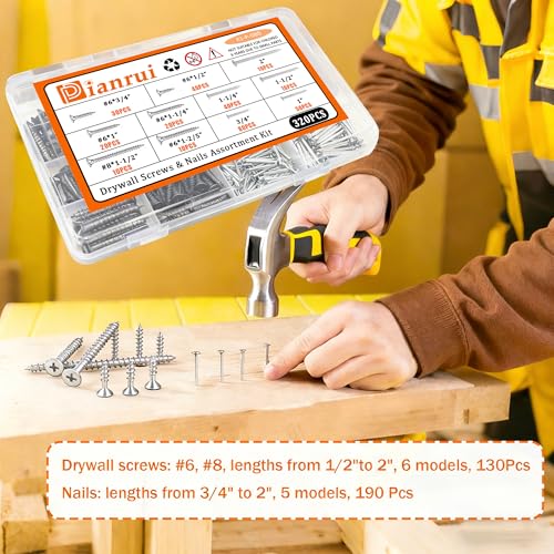 Image of Dianrui Nails & Wood Screws Assortment Kit, 320 PCS #6#8 Philips Drywall Screws Set and High Hardness Hardware Small Nails for Picture Hanging /DIY Repair Project Length 1 /2 inch to 2 inch