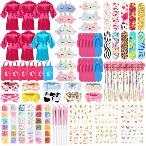 Suhine 6 Sets Girls Spa Birthady Party Supplies Birthday Print Satin Robe Tote Bags Spa Kit Nail Salon Kit(Blue, Rose Red)
