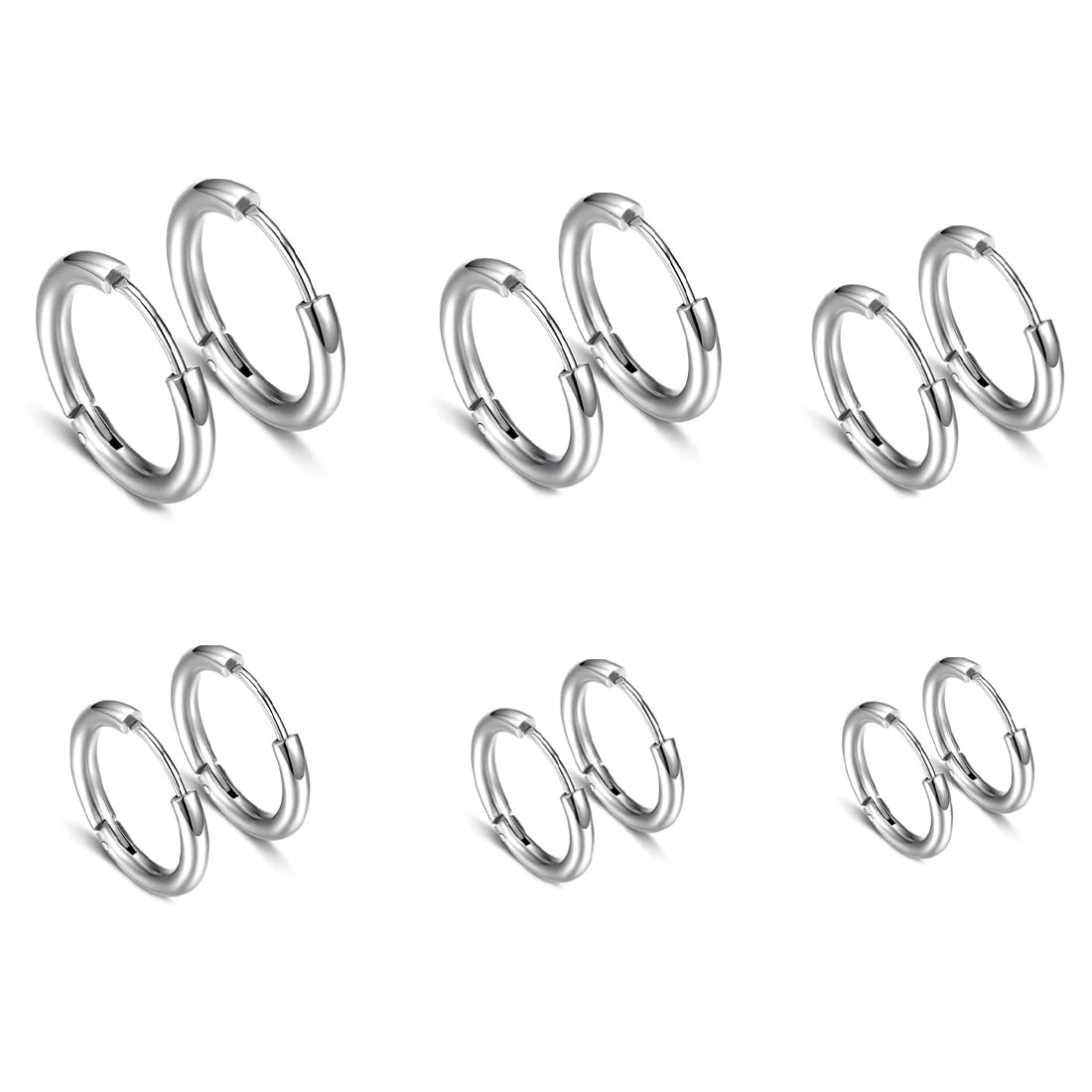 GNALIA 6 Pares Pendientes de Aro de Acero Inoxidable Anillos de Labios Nariz Pendientes de Aro Pequeños de Cartílago para Hombre y Mujer, aretes de aro hipoalergénicos de acero inoxidable, 8-18 mm