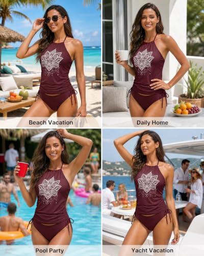 Image of Womens Two-Piece Tankini Set Cow Skull with Leopard Print Sets Swimwear Tankini Top Sets Swimwear